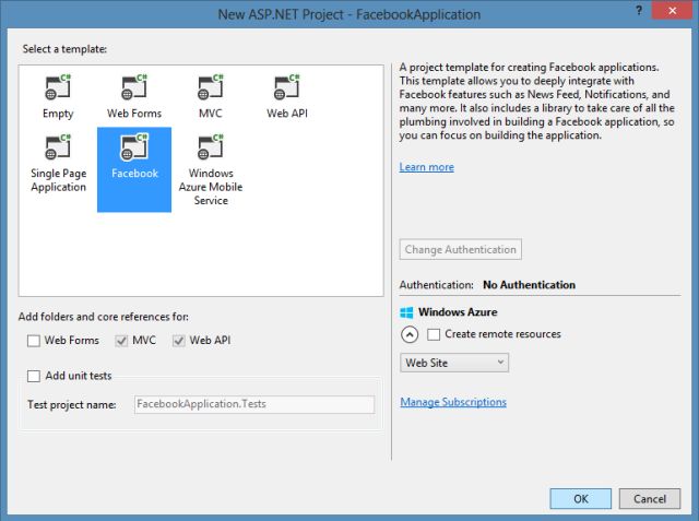 Facebook Project Template in VS 2013